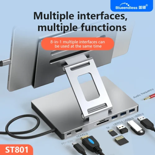 Alternative view of Blueendless Ipad stand Type C Docking Station Aluminum Alloy 4K 60HZ HDMI-Com Multiple Ports Hub PD100W USB3.0 Gigabit Ethernet