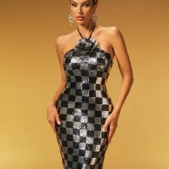 Alternative view of Maxi Dress with 3D Flower Details and Sequins for Women, Halter Backless Evening Gown