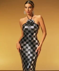 Alternative view of VC Elegance Black Halter Plaid Sequins & 3D Flower Details Backless Sleeveless Maxi Dress for Party Prom Gala Evening Gown