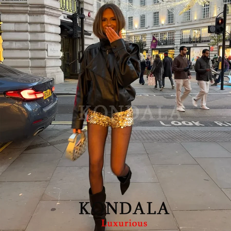 KONDALA Women's Oversized Black Leather Jacket with Buttons and Long Sleeves - Image 4