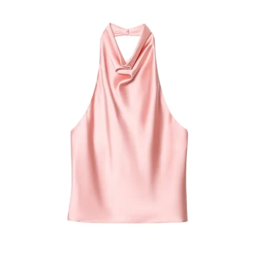 Alternative view of MUJER 2025 Halter Tops for Women Black Satin Backless Top Female Pink Summer Beach Top Woman off Shoulder Camisole Top Women