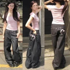Wide Fit Baggy Denim Jeans with Grunge Style for Women - Y2K Korean Mom Jeans