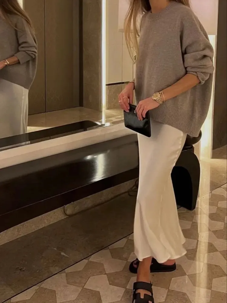 High Waist Satin Midi Skirt - Elegant Black Long Skirt for Women - Image 3