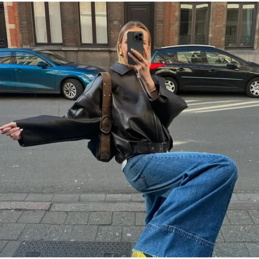 Vintage PU Leather Bomber Jacket with Belt - Long Sleeve Autumn Streetwear for Women - Image 6