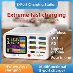 8-Port USB Wireless Fast Charging Station with Visual Current Detection for Mobile Phones and iPads