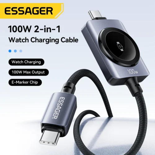 Essager 100W Type C To Type C Cable for Apple Watch IWatch Ultra iphone 17 16 15 xiaomi Samsung 2 in 1 USB C Fast Charging Wire