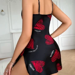 Alternative view of Satin Slip Nightdress with Red Lip Print and V Neck Design for Women