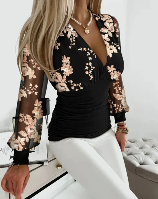 V Neck Print Long Sleeve Blouse Slim Fit Casual Top for Women in Autumn and Spring - Image 4