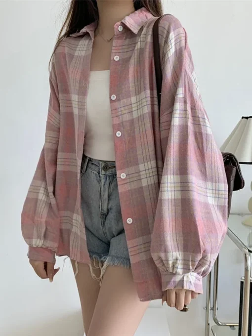 Plaid Shirt for Women with Long Sleeves and Single Breasted Design in Vintage Preppy Style - Image 3