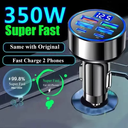 100W 6-Port Fast Charging Car Charger with USB-C and QC 3.0 for iPhone, Samsung, Huawei, Xiaomi