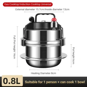 Portable Stainless Steel Pressure Cooker - 0.8-2L with Versatile Use for Outdoor Camping and Kitchen - 0.8L