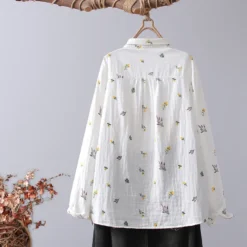 Alternative view of Cotton Yarn White Floral Print Long Sleeve Blouse with Japanese Buttons for Women