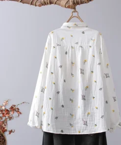 Alternative view of Cotton Yarn White Floral Print Long Sleeve Tops Women Shirt 2026 Japanese Buttons Up Ladies Office Blouse Female Clothes