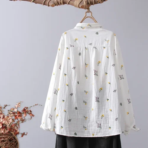 Alternative view of Cotton Yarn White Floral Print Long Sleeve Tops Women Shirt 2026 Japanese Buttons Up Ladies Office Blouse Female Clothes