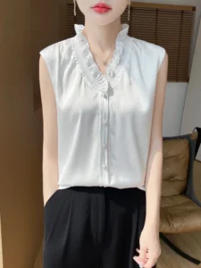 Mulberry Silk V-neck Vest with Solid Color Design for Women’s Summer Office Wear