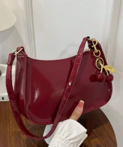 Vintage Retro Shoulder Bag for Women PU Leather Underarm Crossbody Ladies Casual Handbag Purse with Cherry Pendant