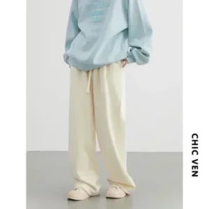 Loose Drawstring Trousers with High Waist for Women - Solid Casual Pants for Autumn/Winter - Off white, XL