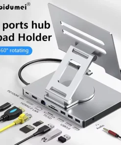 9-in-1 USB C HUB Tablet Holder Docking Station 4K60Hz HDMI 1000Mbps Ethernet USB3.0 5Gbps Data Transfer PD100W for Tablet Phone