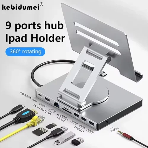 9-in-1 USB C HUB Tablet Holder Docking Station 4K60Hz HDMI 1000Mbps Ethernet USB3.0 5Gbps Data Transfer PD100W for Tablet Phone