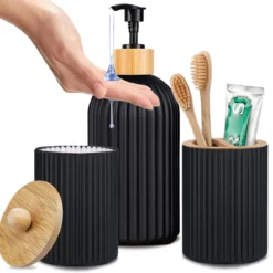 Bathroom Countertop Organizer Set with Soap Dispenser and Storage for Cotton Balls and Toothbrushes