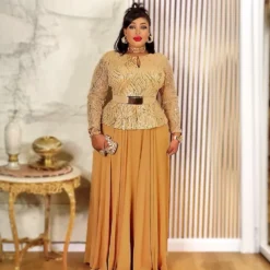 Ankara Dashiki Long Dress with Sequin Details for Plus Size Women at Weddings and Parties