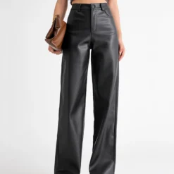 Fleece Wide Leg Warm Leather Pants with Button Pocket for Women in High Waist Design