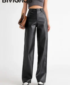 BIVIGAOS Fall Winter Fleece Loose Wide Leg Warm Leather Pants Women Button Pocket High Waist Thick PU Casual Straight Pants