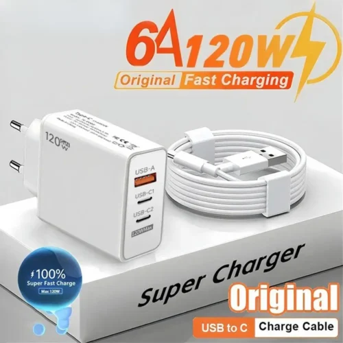 120W GaN USB-C Fast Charger with Type C Cable - Compatible with iPhone, Samsung, and Xiaomi
