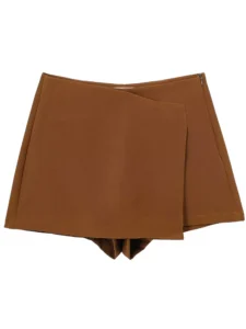 Willshela Women's Vintage Asymmetrical Zipper Skirt Shorts with High Waist Design - Brown, XS（old）