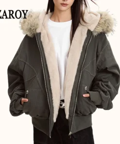 ZAROY Thicken Padded Fur Collar Hooded Parka - Winter Streetwear Jacket for Men and Women