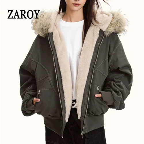 ZAROY Thicken Padded Fur Collar Hooded Parka - Winter Streetwear Jacket for Men and Women