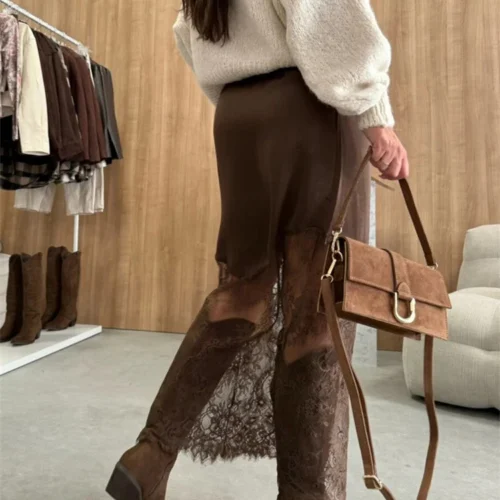 Alternative view of Trendix Women's Brown Patchwork Lace Maxi Skirt - High Waist, Slim Fit, Hollow Out Design