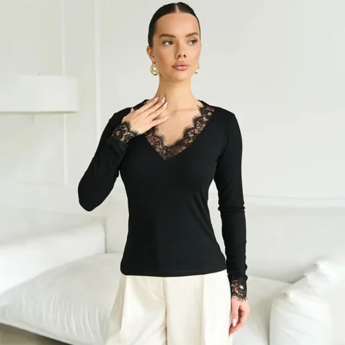 Alternative view of Tornova V neck Lace T shirt Top Women Sexy Navel Exposed Pullover Fashion Splice Hot Girl Club Party Top Autumn New Lady T shirt