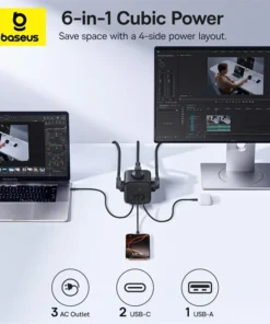 Alternative view of Baseus 67W GaN Charger Fast Power Strip USB-C Fast Charging 3AC Outlet 6 in 1 Desktop Station For Laptop iPhone Samsung Xiaomi