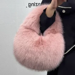 Winter Casual Plush Furry Shoulder Bag for Women - Solid Color Handbag