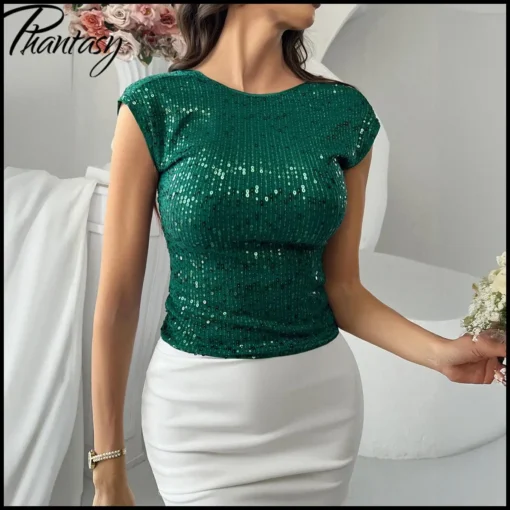 Sleeveless Sequin T-shirt for Women - Casual Basic Solid Color Top for Spring and Summer - Image 3