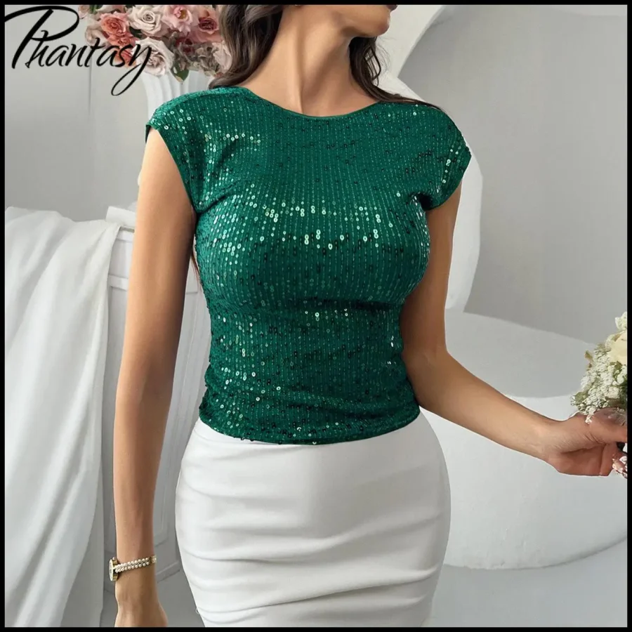 Elegant Commuter Women's Sleeveless Top Casual Basic Solid Color Sequin T-shirt Spring Summer Dress Up for Lady Female Clothes - Image 3