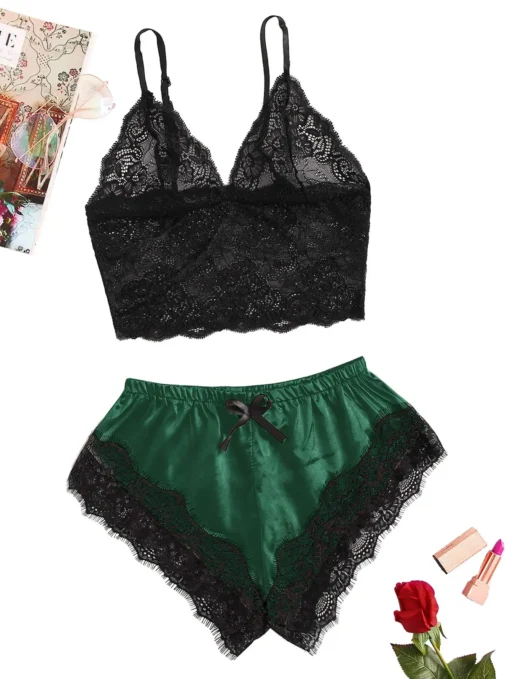 Lace Bralette Cami and Shorts Set, See-Through Design, Breathable Sleepwear for Women - Image 6