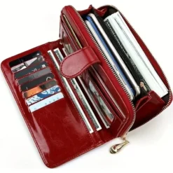 Vintage Oil Wax PU Leather Clutch Wallet with Large Capacity for Women