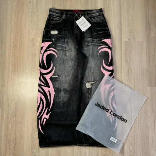 Y2K Pink Baggy Ripped Jeans - Vintage Print, Wide Leg, Unisex Casual Streetwear