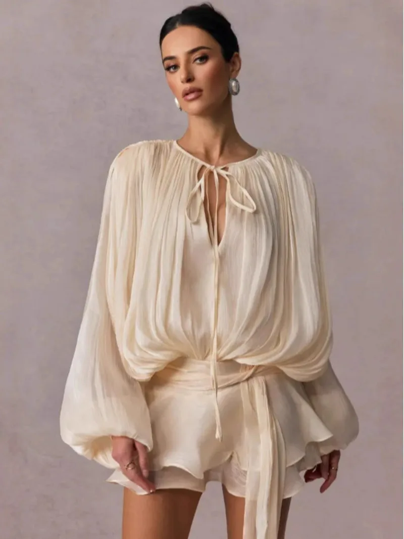 Beige Top Solid Blouse Mini Dresses For Women V Neck Long Sleeve Spliced Lace Up Sweet Style Dress Female Clothing Fashion P7WI - Image 5