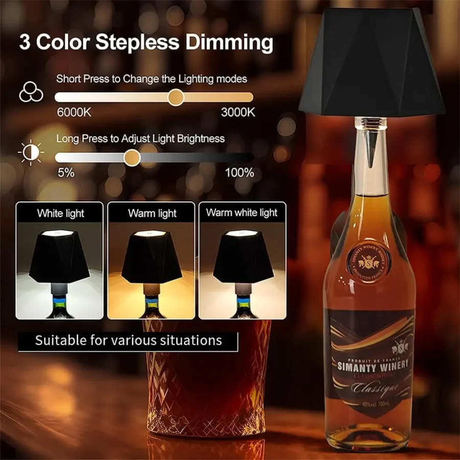 Wireless Bottle Table Lamp Touch Control of 3 Colors and Stepless Dimming Night Lamp For Bar Wine Bottles Decor Desk Lights - Image 2