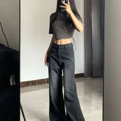 Alternative view of Korean Vintage High Waist Bell Bottom Jeans in Black Gray for Women - Baggy Denim Style