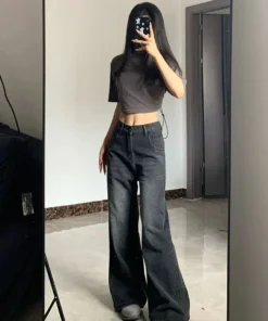 Alternative view of Korean Vintage High Waist Women's Bell Bottom Jeans - Black Gray Baggy Denim