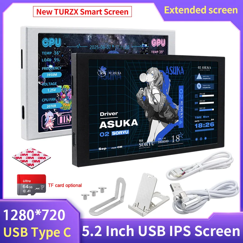 TURZX 5.2" IPS USB-C Computer Monitor - 1280x720 Extended Screen for Windows 10/11
