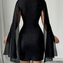 Alternative view of Sequin Mini Dress with Stand Collar and Cape Style for Women, Elegant Party Outfit for Autumn Winter