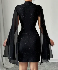 Alternative view of Sexy Women's Stand Collar Cape Mini Dress Sequins Sparkling Club Party Night Out Fitted Bodycon Elegant Autumn Winter
