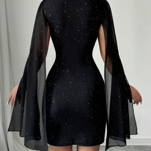 Alternative view of Sexy Women's Stand Collar Cape Mini Dress Sequins Sparkling Club Party Night Out Fitted Bodycon Elegant Autumn Winter