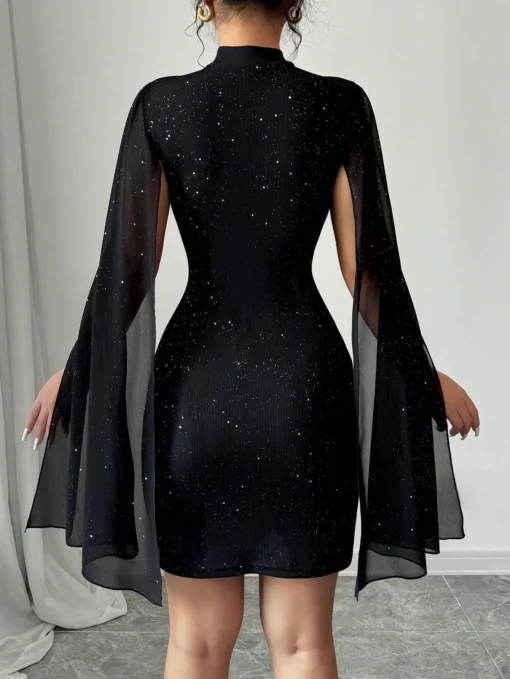 Sequin Mini Dress with Stand Collar and Cape Style for Women, Elegant Party Outfit for Autumn Winter - Image 2