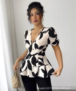 Alternative view of Top Women Print Blouse V Neck Single Breasted Short Sleeves Tight Waist Female Casual Blouses 2025 Summer Tops Office Lady